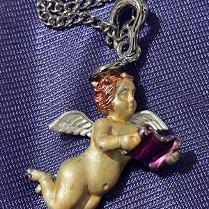 Angel w/scroll Necklace handpainted Metal purple scroll red hair